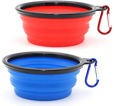 SLSON 2 Pièces Bol à Chien Pliant Bol en Silicone Pliable,Gamelles de Voyage de Voyage Pliables en Silicone pour Chien (Bleu et Rouge, Petit)