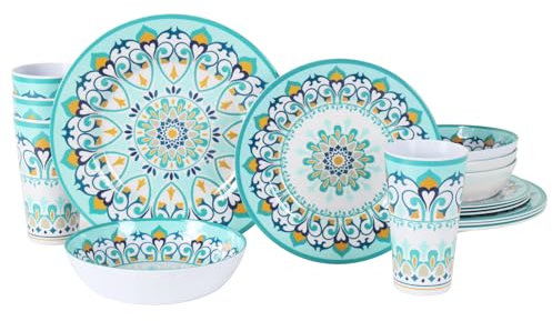 DAPOTO Juego de vajilla de melamina para 4-16 piezas: juego de platos de camping con platos llanos, platos de ensalada, cuencos y tazas. Ligero e irrompible. Uso en interiores y exteriores.