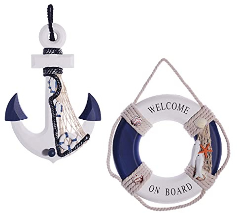 2 Pack 13 Nautical Beach Wooden Ship Wheel and 13 Wooden Anchor with Rope Nautical Boat Steering Wheel Rudder Anchor Wall Art Decor Door Hanging Ornament Beach Theme Home Decoration (Blue)
