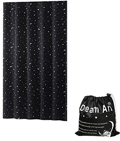 Dream Art Anywhere Temporäre Portable Blackout Vorhang/Einstellbare Blackout Shades Jalousien mit Saugnäpfen für Schlafzimmer oder Reise Gebrauch, Silber Moon& Star Folie Druck Black Vorhang, 1 pc
