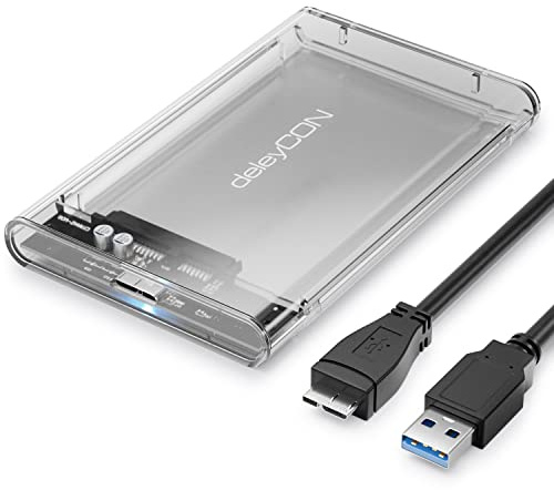 deleyCON SSD Festplattengehäuse USB-A 5Gbps 2,5 Zoll - Transparent | USB 3.1, für SATA 3 SSD/HDD, 7mm bis 9,5mm SATA III Festplatten, externes Gehäuse mit UASP