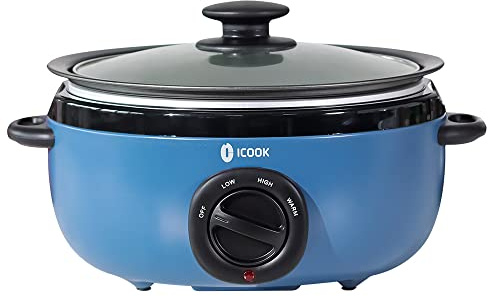 ICOOK USC-65-OP001BL 6.5 Quart Slow Cooker,Aluminium Sear/Sauté Stew Pot Stovetop safe,Dishwasher Safe,Glass Lid,Adjustable Temp,Food Warmer(Blue)