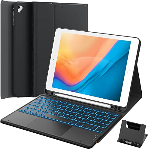 GreenLaw Funda con teclado para iPad de 9.7 pulgadas, iPad de 6ª/5ª generación, Air de 2ª generación (2014), retroiluminación de 7 colores, 2 dispositivos BT, teclado táctil Pro 9.7, color negro
