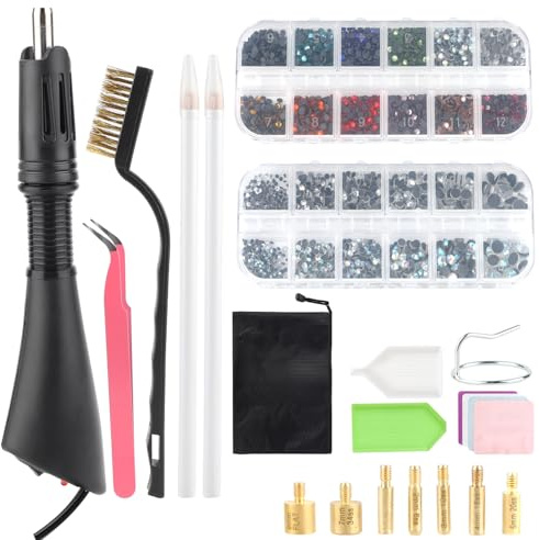 SWAWIS Hotfix Strasssteine Applikator Hotfix Applikator 3 Boxen Mix Strass | Flache Glitzersteine mit 7 Applikatorspitzen für Textilien Hotfix Strass Applikator Set Schwarz