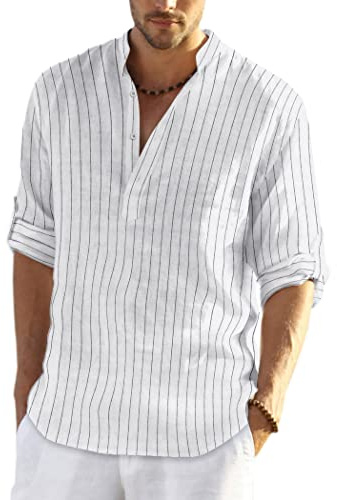 COOFANDY Camisa de Playa de Verano Informal de Manga Larga con Botones y Cuello Alto de Lino y algodón para Hombre Rayas Blancas L