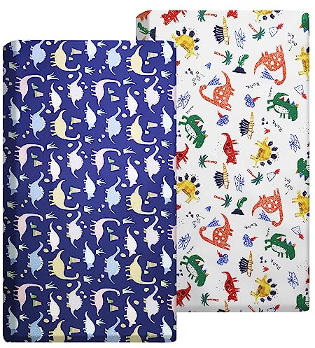 Spannbettlaken für Kinderbett, 140 x 70 cm, 100 % Baumwolle, weich, hypoallergen, vollelastisch, atmungsaktiv, pflegeleicht, (Dinosaurier), 2 Stück