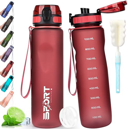 AOPREL Trinkflasche 1L Sport Trinkflasche Wasserflasche Auslaufsicher Trinkflaschen BPA Frei Sportflasche mit Kapazitätsskala für Die Outdoor, Schule, Camping