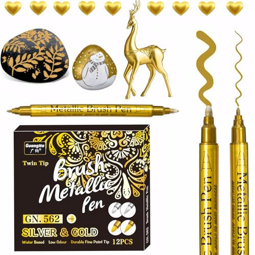 EFNHJF5 12 Stück Gold Metallic Marker Stifte,Metallic Stifte Dünn 0.5-3.0 mm Dual Tip Set für Fotoalbum,Gästebuch,Osterdekoration,Glas,Keramik,Steinmalerei, Bastelsachen