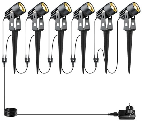 Faretto da Giardino con Picchetto 6 Pezzi bianco caldo COB Faretti a LED da Giardino Alluminio Esterno 12V 20W Illuminazione da giardino a LED IP65 Impermeabile per esterno prato da giardino Terra
