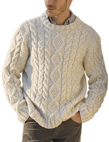 Runcati - Maglione da uomo a maglia grossa intrecciata, pullover autunno inverno con collo tondo, beige., L