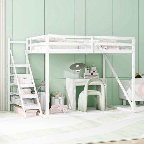 Kinderbett Hochbett 140x200 mit Sicherheitstreppe, Treppe mit Stauraum, Etagenbett Massivholz Bettgestell mit Rausfallschutz und Lattenrost, Stockbett für 2 Kinder, Jugendliche und Erwachsene, Weiß