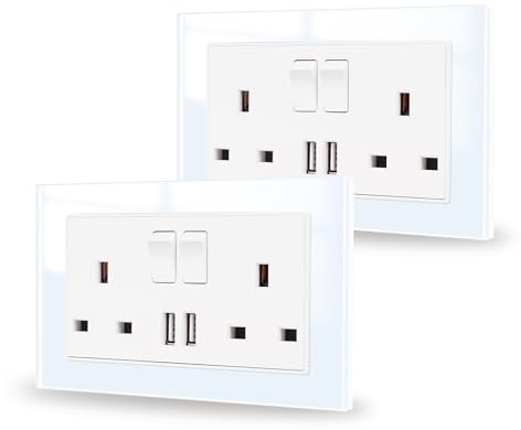 JIMEIDA Double Switched Power Socket White 2 Pack with USB A Charging Ports Crystal Glass Panel Wall Outlet 13 Amp Electric Socket