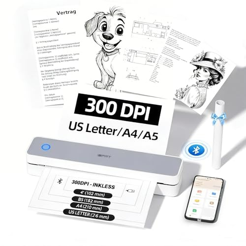 iDPRT MT610 Tragbarer Thermodrucker,Mobiler Drucker A4 für Unterwegs,A4 Kompatibel mit Windows,iOS,Android, 300dpi Monochromer Reisedrucker für Hause, Lernen, Schwarz (Reinweiß)