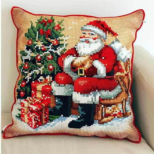WallustrioaW Weihnachten knüpfteppiche & knüpfkissen Kissenbezug,süßer Weihnachtsmann,Choices Knüpfteppich Zum Selber Knüpf-Sets mit Kissen knüpfen-Set,43x43cm