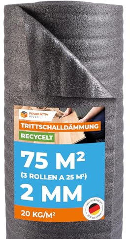 Trittschalldämmung 2mm Profi Basic 75m² | recycelte PE-Schaumfolie | 3 Rollen als Laminat- und Parkettunterlage zur Wärmedämmung | Fußbodenheizung geeignet
