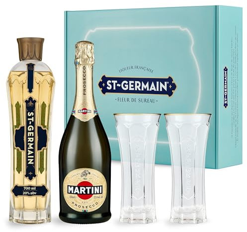 St-Germain Hugo Cocktail Kit con liquore ai fiori di sambuco 70cl / 700ml, Prosecco MARTINI 75cl / 750ml e due bicchieri St-Germain Hugo