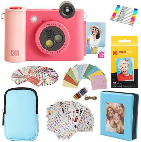 KODAK Smile+ - Paquete de Regalo de cámara instantánea Digital e Impresora fotográfica 2 en 1 - Funda + Papel Zink + álbum + Marcos + calcomanías + marcadores, Color Fucsia