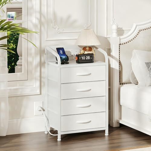 MUTUN Bedside Table Cabinet with Drawers and Charging Station, Small Nightstand for Bedroom, Storage Chest of Drawers for Living Room, Hallway, Entryway, White