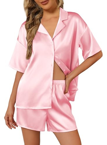 Ekouaer Pyjama Femme Manches Courtes Satin Pyjama Set Ensembles de Pyjama Femme Vêtements de Nuit Rose S