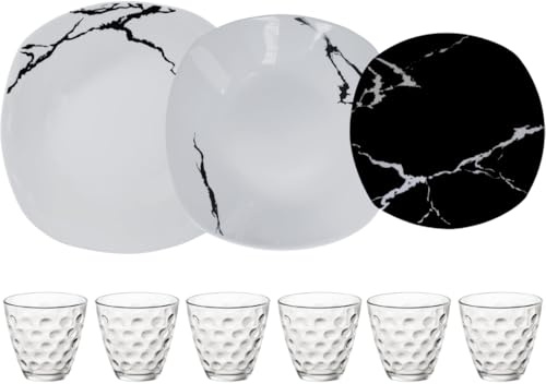 Servicio de platos de 25 piezas para 6 personas con vasos y ensaladera | Resistente porcelana blanca y negra diseño moderno mármol elegante refinado | Uso diario, para lavavajillas y microondas