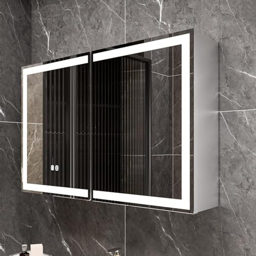 Gunuss Spiegelschrank Bad mit Beleuchtung 80x60cm | LED Badspiegel mit Ablage, Steckdose, Antibeschlag, Touch-Schalter – Wandmontage für modernes Badezimmer