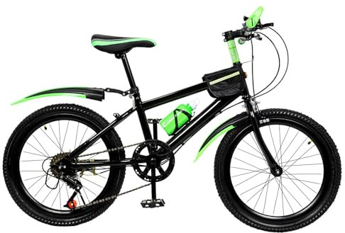SYNCMH 20 inch 7 Speed Children's Bike, Double-brake Kids Mountain Bicycle with Water Cup Holder, Compass Bell for Riding on Roads, in the Mountains, Green
