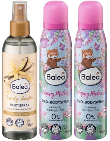 Balea 3er-Set Körperpflege: Bodyspray Lovely Vanilla sinnlicher Vanille-Duft erfrischt die Haut, 200 ml + Deo-Bodyspray Happy Melody blumig-fruchtig, 24 Stunden Schutz, 0% Aluminum, 2 x 150 ml (500ml)