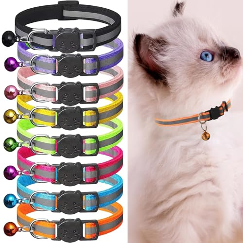 8 Stück reflektierende Katzenhalsband Pack mit Glocke, Kätzchen Halsband Sicherheit Schnellspanner Schnalle, mit Namensschild, einstellbar für Mädchen männliche Katzen, Haustier-Zubehör