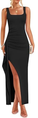 XIWCAFC Robe Longue Femme Maxi Robe sans Manches Moulante Sexy Robes à Bretelles Fendue Robes de Soirée à Col Carré Elégant