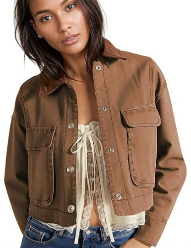 HangNiFang Cropped Barn Jacket for Women 2025 Contrast Collar Outwear Long Sleeve Cotton Short Cargo Jacket with Pockets(1276-Brown-M)