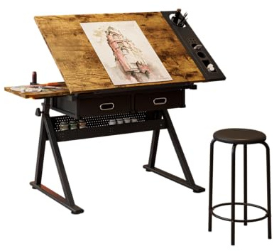 NestLude Adjustable Drafting Table with Stool, Tilting Art Desk with Storage Drawers for Home Office, Reading, Writing, Crafting. Perfect for Artists and Hobbyists. (Rustic Brown)