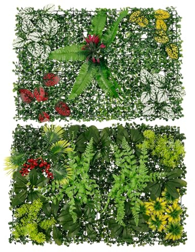KEGAJEGA 2 paneles de pared para plantas artificiales, 60 x 40 cm, panel de pared de hierba verde artificial con flores, decoración realista para vallas, paredes, balcones, jardines, terrazas, bodas