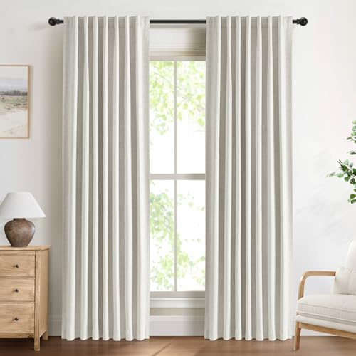 DEFYNEE 100% Blackout Curtains 2 Panels, 50 W x 84 L, Beige | Faux Linen, Blackout Coated Back, Thermal, Reduces Noise, Privacy Protection, Back Tab & Pole Pocket, Bedroom & Living Room