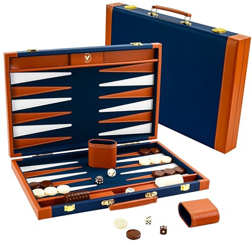 Premium Backgammon Sets for Adults, 17.5 Inch Large Backgammon Board Games, Portable PU Leather Travel Backgammon Set - Classic Board Strategy Game Gifts, Blue