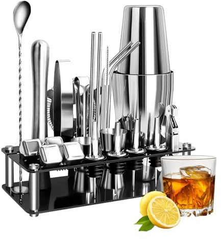 25 PCS Cocktail Shakers Set, Stainless Steel Cocktail Making Kit with 750ml Boston Shaker, Strainer, Jigger, Mixing Spoon, Tongs, Bottle Stoppers, Opener and Cookbook, Perfect for Drink Mixing, Home,