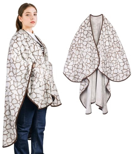 SIVENKE Damponcho fleece bärbar filt flanell halsduk filt bekväm poncho-överkast cape med knappar och fickor för säng, soffa, kontor, rosett, 140 x 163 cm