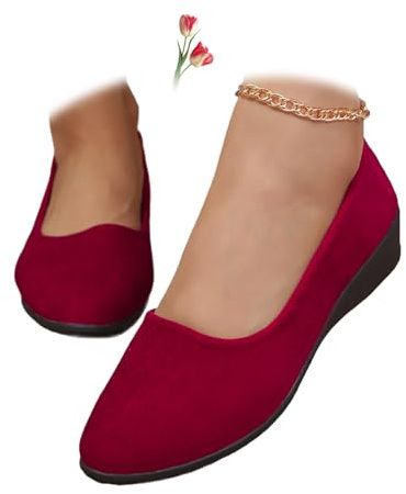 Scarpe da donna comode, elastiche incrociate, con zeppa, ballerina, alla caviglia, con cinturino incrociato, punta arrotondata, comoda pompa, Rosso scamosciato, 39.5 EU