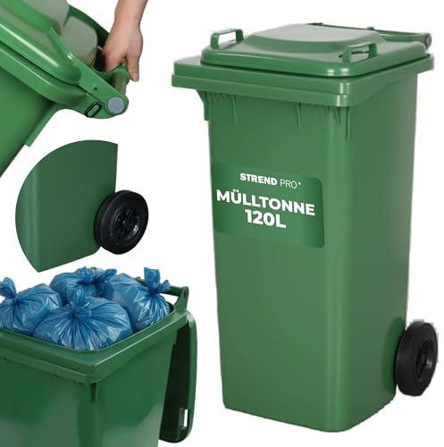 STREND PRO Mülltonne 120L Grün | Abfalltonne für Gartenabfall, Papier & Glas | Mülleimer mit Deckel & Rädern | Robuster Dustbin & Oskartonne | Eimer mit deckel