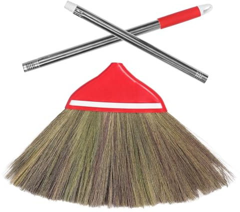 Mikikit Escoba de Mano Tradicional Trenzada a Mano de Paja Natural 106 CM Mango Rojo Escoba Asiática para Interiores y Exteriores Cepillo Suave para Barrer Pisos de Madera Patios y