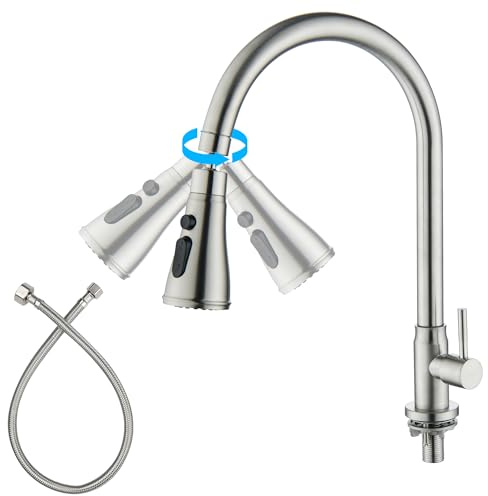 GUOYINDONG Cold Water Only Kitchen Faucet, 304 Stainless Steel Cold Only Bar Sink Faucet with 3 Mode Sprayer Single Hole for Outdoor Sink Faucet, Brushed Nickel