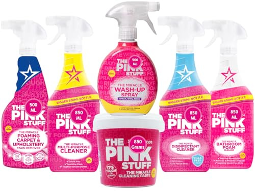 Pink Stuff 6-Item Cleaning Bundle Carpet & Upholstery Cleaner 500ml, Miracle Wash-Up Spray 500ml, All-Purpose Paste 850g, Multi-Purpose Cleaner 850ml, Disinfectant & Bathroom Cleaner 850ml Household