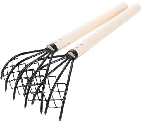 Tofficu Rastrello a 5 Artigli in Ferro con Manico in Legno, Set da 2 Utensili Manuali per Scavare Conchiglie e Ostriche, Strumento da Spiaggia per Estrazione di Frutti di Mare, Resistente