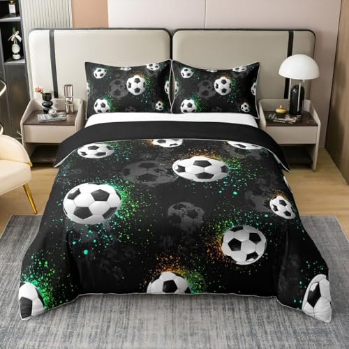 Homewish Fußball Bettbezug 135x200 Baumwolle Fußball Muster Bettwäsche Sportthema für Kinder Jungen Mädchen Bedding Jugendliche Wettbewerbsballspiele Bettwäsche Set Weich 2 teilig