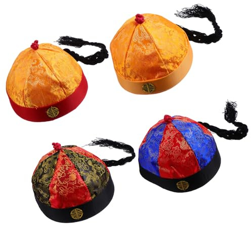 Levemolo Lot de 4 Chapeaux Traditionnels Chinois pour Adulte N°9, Couvre-chefs Vintage en Brocart Brillant avec Tresses, Chapeaux D'empereur Chinois pour Costume et Jeu de Rôle