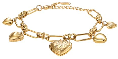 JewelryWe Foto Armband Damen Gold: Edelstahl Personalisiertes Fotoarmband mit Herz Medaillon zum Öffnen Verstellbare Büroklammer Kette Medaillonarmband für Bild Schmuck für Mutter Freundin Ehefrau