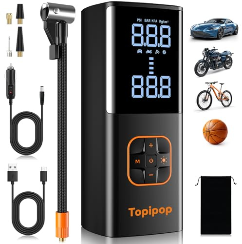 Topipop Elektrische Luftpumpe, 150 PSI Akku Kompressor für Auto/Fahrrad/E-Scooter/Motorrad/Bälle, Tragbare elektrische Fahrradpumpe mit 4 Modi, Inkl. Powerbank und Notlicht(Schwarz)