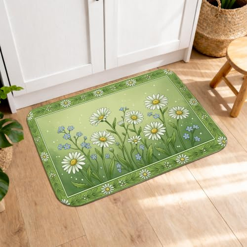 Frühlingsblumen-Küchenmatten für Boden, grüne Chrysanthemen-Muster, weiche Matten, gepolstert, bequem, waschbar, Dekor-Teppiche für Küchenspüle, Waschküche, Badezimmer, 50,8 x 78,9 cm
