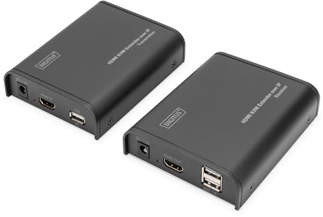 DIGITUS HDMI KVM Extender – Full HD 1080p 60 Hz – 120 m über LAN-Kabel | Unlimitiert über Ethernet (IP-fähig) – Set: Sender & Empfänger – USB, HDMI 1.3 & HDCP 1.2