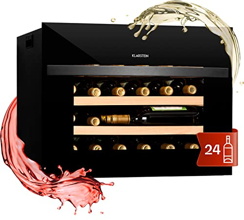 KLARSTEIN Vinoteca para Vinos, de 51L Nevera Vino Una Zona, Botellas Vino, Proseco y Cervezas, Vinoteca Pequeña Puerta Cristal para Interior y Exterior, Nevera Vinos Capacidad 24 Botellas