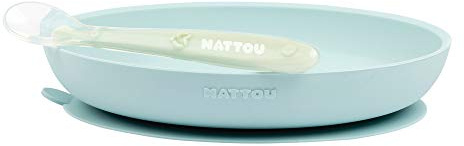 Nattou Stoviglie in silicone per bambini, piatto antiscivolo + cucchiaio, senza BPA, silicone, azzurro/verde